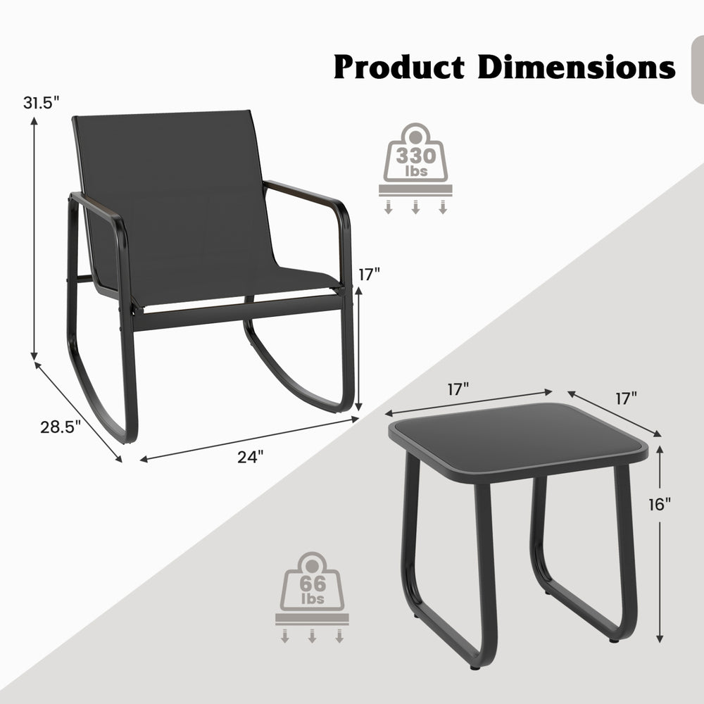 Dimensions of black rocking bistro chairs and glass-top table, featuring a sturdy metal frame and adjustable footpads.