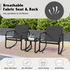 Two black rocking bistro chairs with a glass-top table, featuring breathable fabric seats for outdoor relaxation.