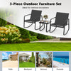 Black rocking bistro chairs with a glass-top table, ideal for backyard, balcony, or poolside relaxation.