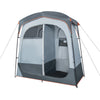 Oversize gray privacy shower tent with two rooms, removable rain fly, and inner pocket for toiletries, ideal for.