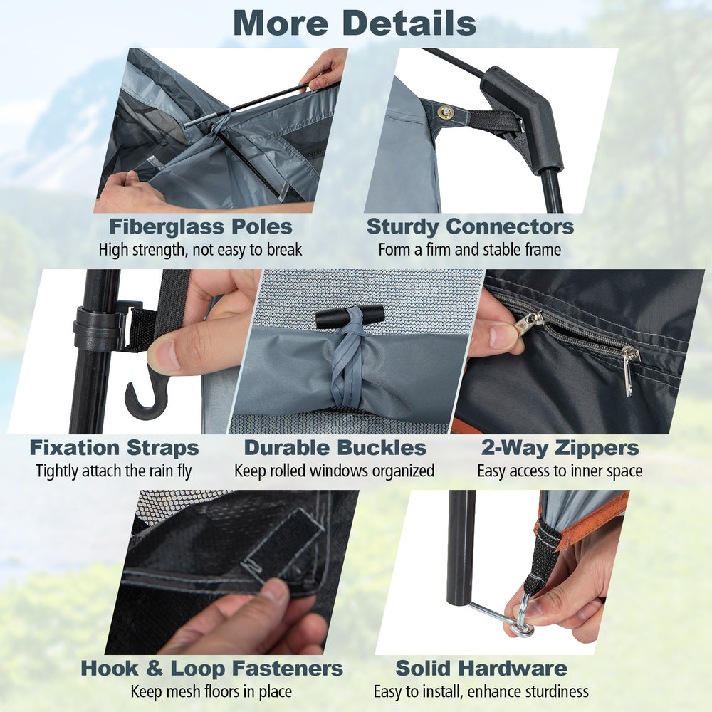 Detail of the 2 Rooms Oversize Privacy Shower Tent showing sturdy connectors, fiberglass poles, and durable buckles for.