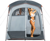 Oversize gray privacy shower tent with two rooms, removable rain fly, and inner pocket, ideal for outdoor use.