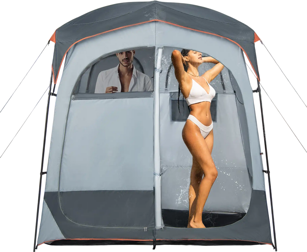 Oversize gray privacy shower tent with two rooms, removable rain fly, and inner pocket, ideal for outdoor use.