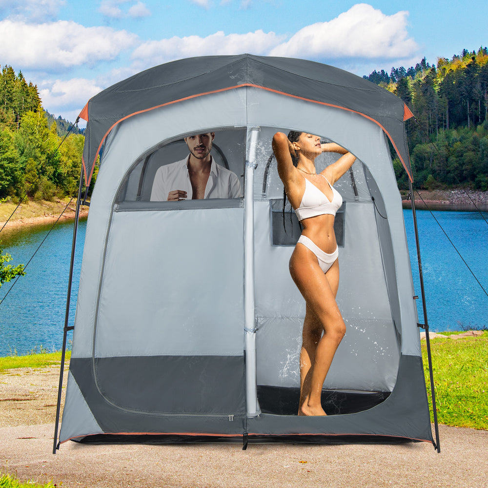 2 Rooms Oversize Privacy Shower Tent with Removable Rain Fly and Inside Pocket-Gray - Gallery View 1 of 10