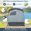 Oversize gray privacy shower tent with removable rain fly, double rooms, and sturdy fiberglass poles for outdoor use.