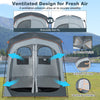 Oversize gray privacy shower tent with removable rain fly, featuring double rooms and ventilation for fresh air.