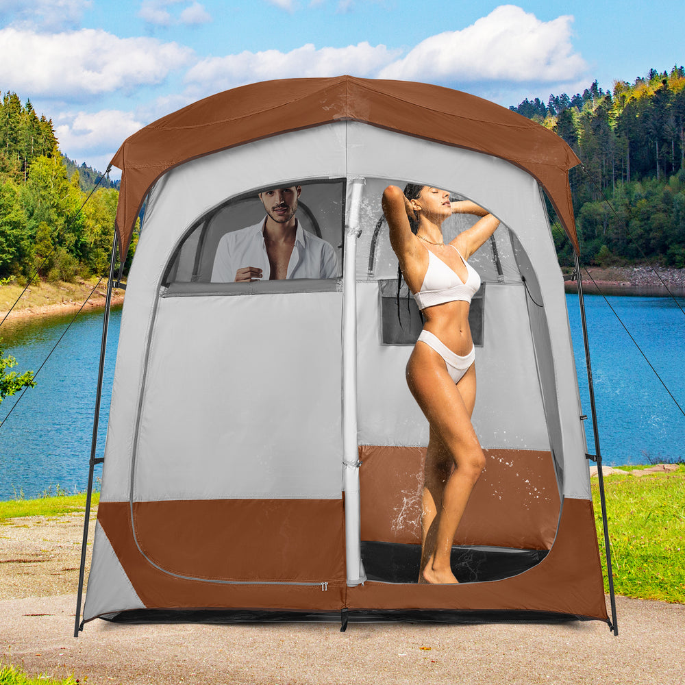 2 Rooms Oversize Privacy Shower Tent with Removable Rain Fly and Inside Pocket-Brown - Gallery View 1 of 10