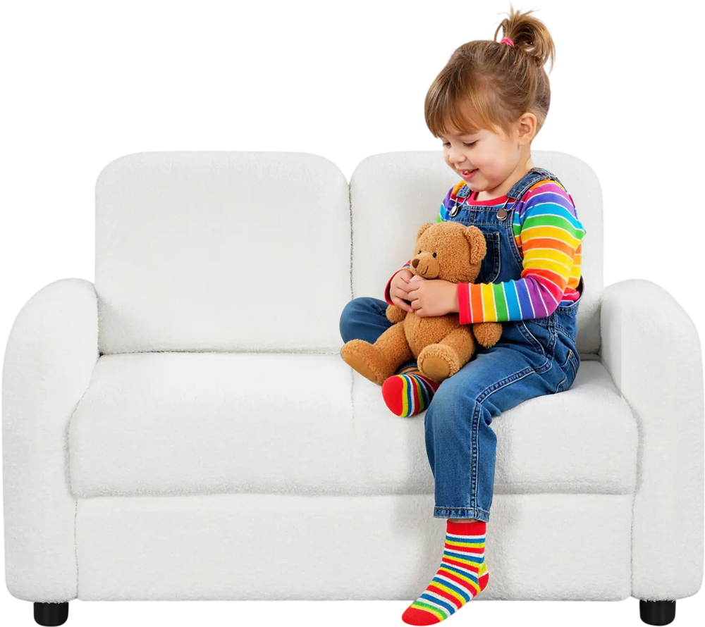 2-seat kids sofa in white with soft teddy fleece upholstery, perfect for toddlers to sit and relax together.