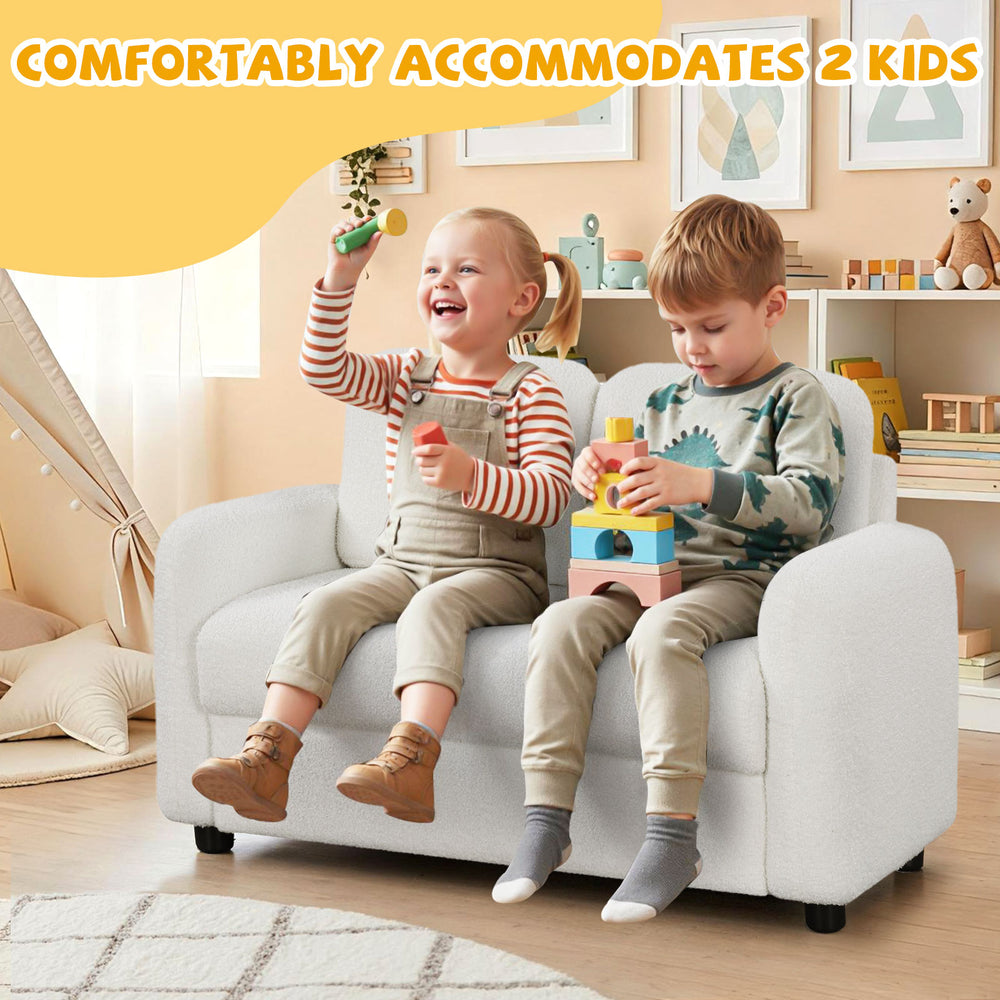 2-seat kids sofa in white with soft teddy fleece upholstery, comfortably fits 2 children for playtime or relaxation.