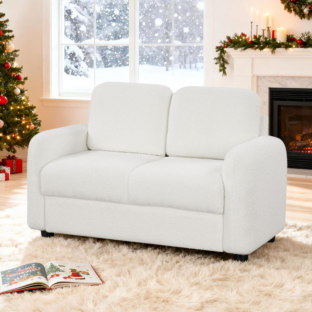 2-seat kids sofa in white with soft teddy fleece upholstery, perfect for toddlers in playroom or living room.