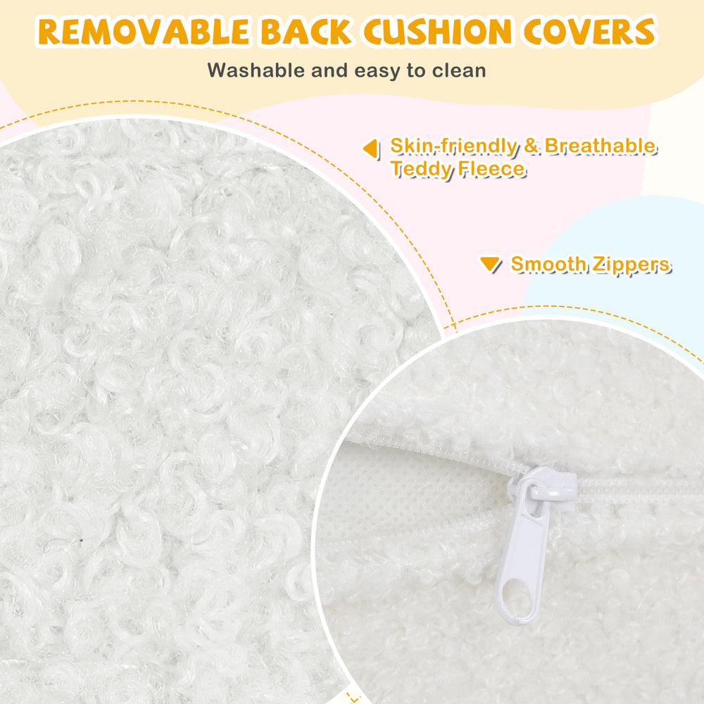 Removable back cushion cover detail of the 2-seat kids sofa in soft teddy fleece, featuring smooth zippers for easy.