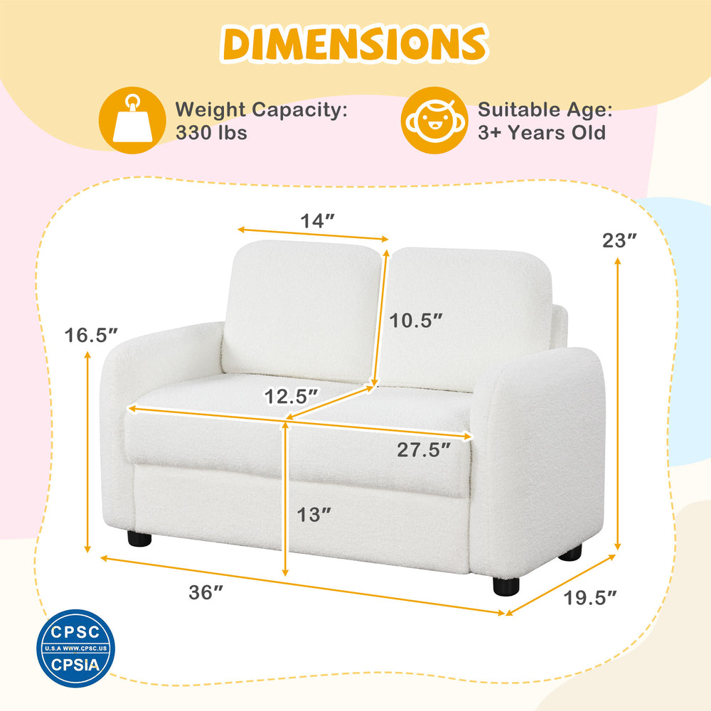 Dimensions of the 2-seat kids sofa with soft teddy fleece upholstery, showing weight capacity and suitable age for use.