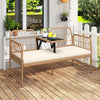 2-seat PE rattan outdoor loveseat with built-in coffee table and soft white cushions, perfect for patio relaxation.