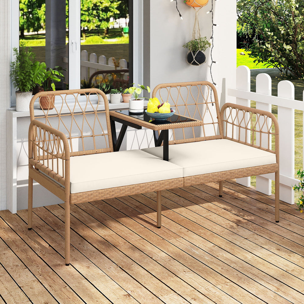 2-seat PE rattan outdoor loveseat with built-in coffee table and soft white cushions, perfect for patio relaxation.