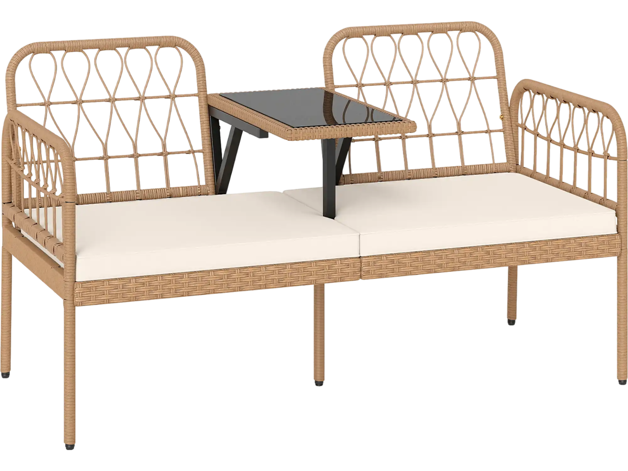 Costway 2-Seat PE Rattan Outdoor Loveseat Bench w/ Built-In Coffee Table & Cushions 37745003 New