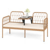 2-seat outdoor loveseat in hand-woven PE rattan with built-in coffee table and soft white cushions for patio comfort.