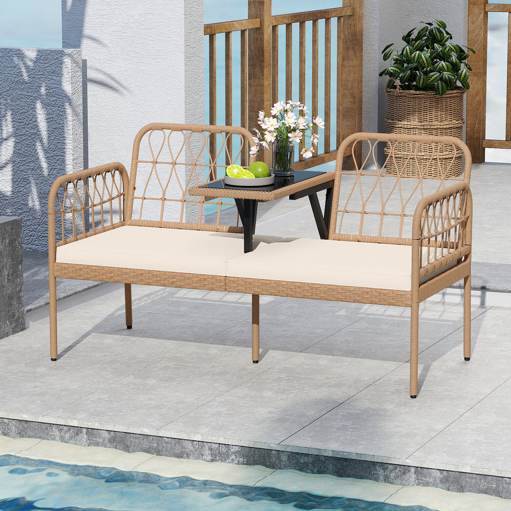 2-seat PE rattan outdoor loveseat with built-in coffee table and soft cushions, perfect for patio relaxation.