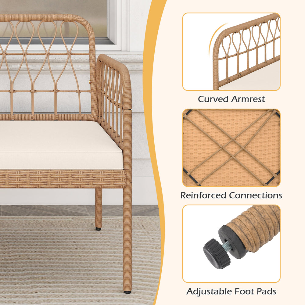 Curved armrest detail of the 2-seat PE rattan outdoor loveseat with soft cushions and adjustable foot pads for.