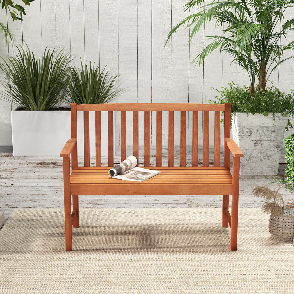 2-seat patio wood bench featuring a slatted seat and high backrest, ideal for adding elegance to your backyard or.
