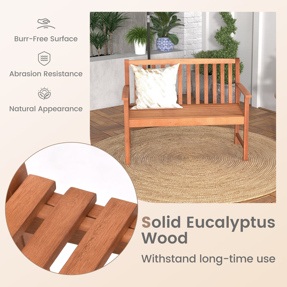 2-seat patio wood bench made of solid eucalyptus, featuring cozy armrests and slatted design for outdoor elegance.
