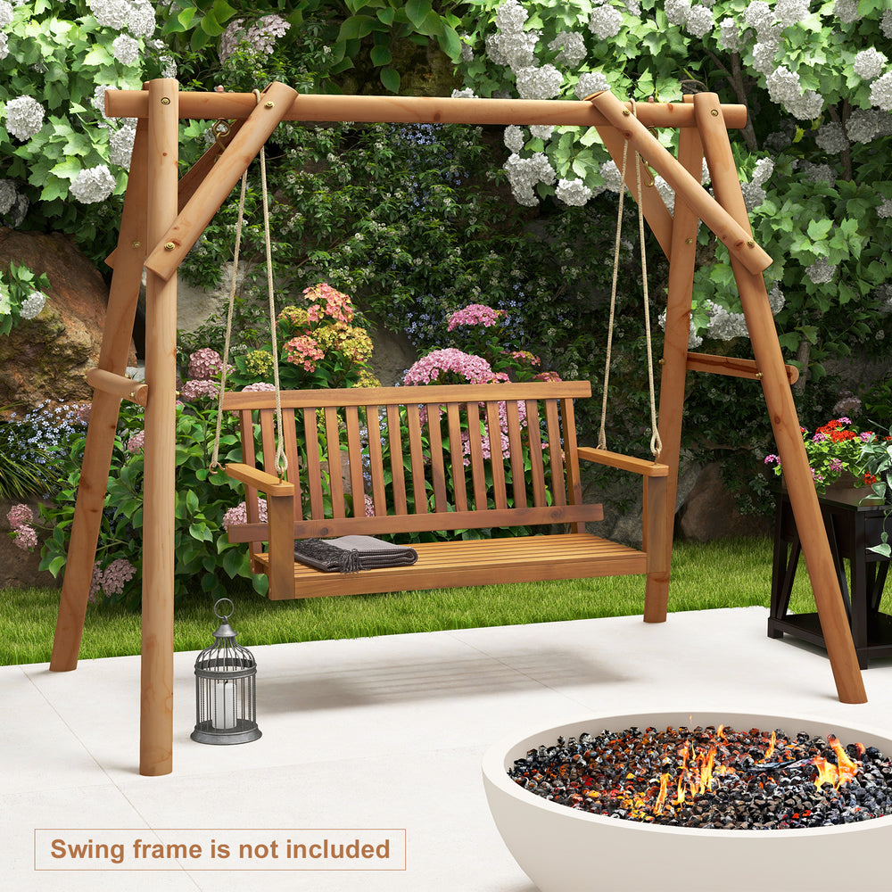 2-seat acacia wood porch swing bench with hanging ropes, ideal for backyard or garden relaxation.