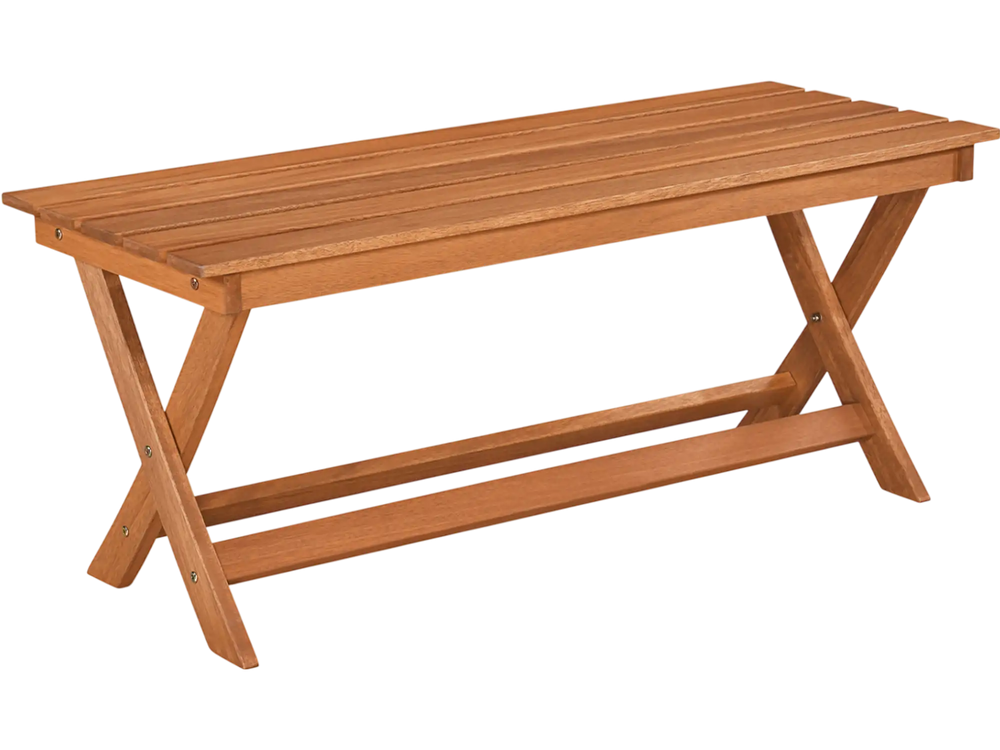 2-seat wooden garden patio bench with X-shaped legs in a natural finish, perfect for outdoor seating.