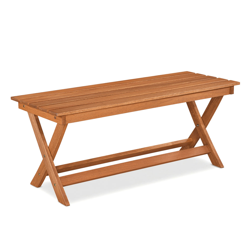 2-seat wooden garden patio bench with X-shaped legs, perfect for outdoor relaxation and stylish seating.