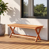 2-seat wooden garden patio bench with X-shaped legs, placed on a deck, perfect for outdoor relaxation.