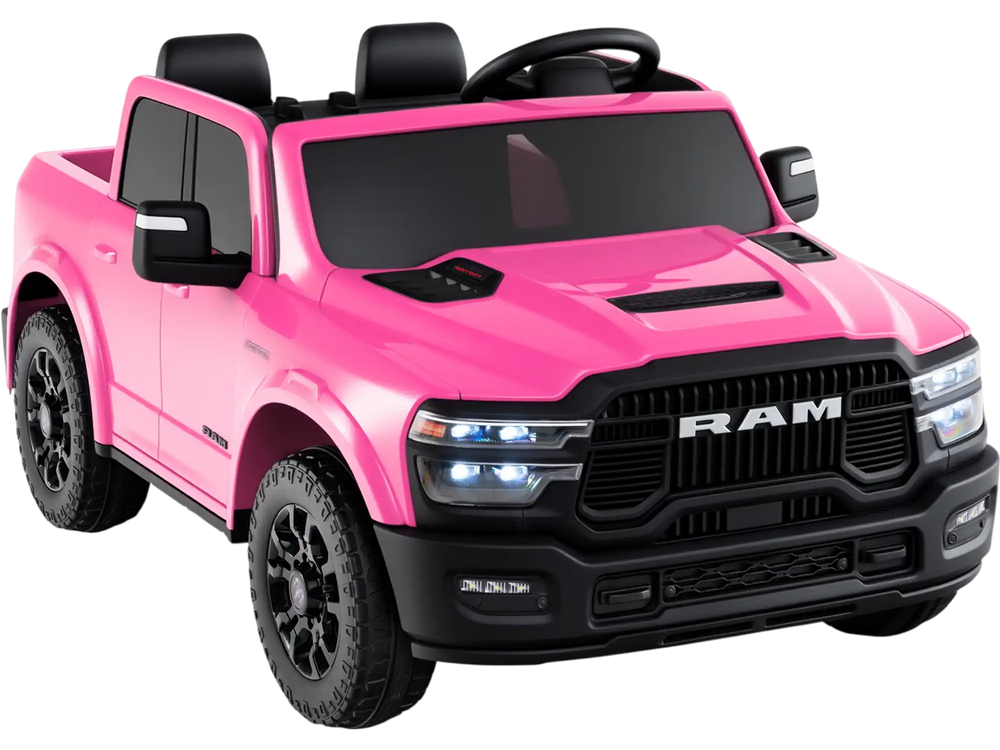Pink 2-seater licensed Ram truck ride-on toy with remote control, LED lights, and spacious rear storage for kids.