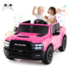 Pink 2-seater licensed Ram truck ride-on toy for kids with remote control, music, and LED lights for safe fun.