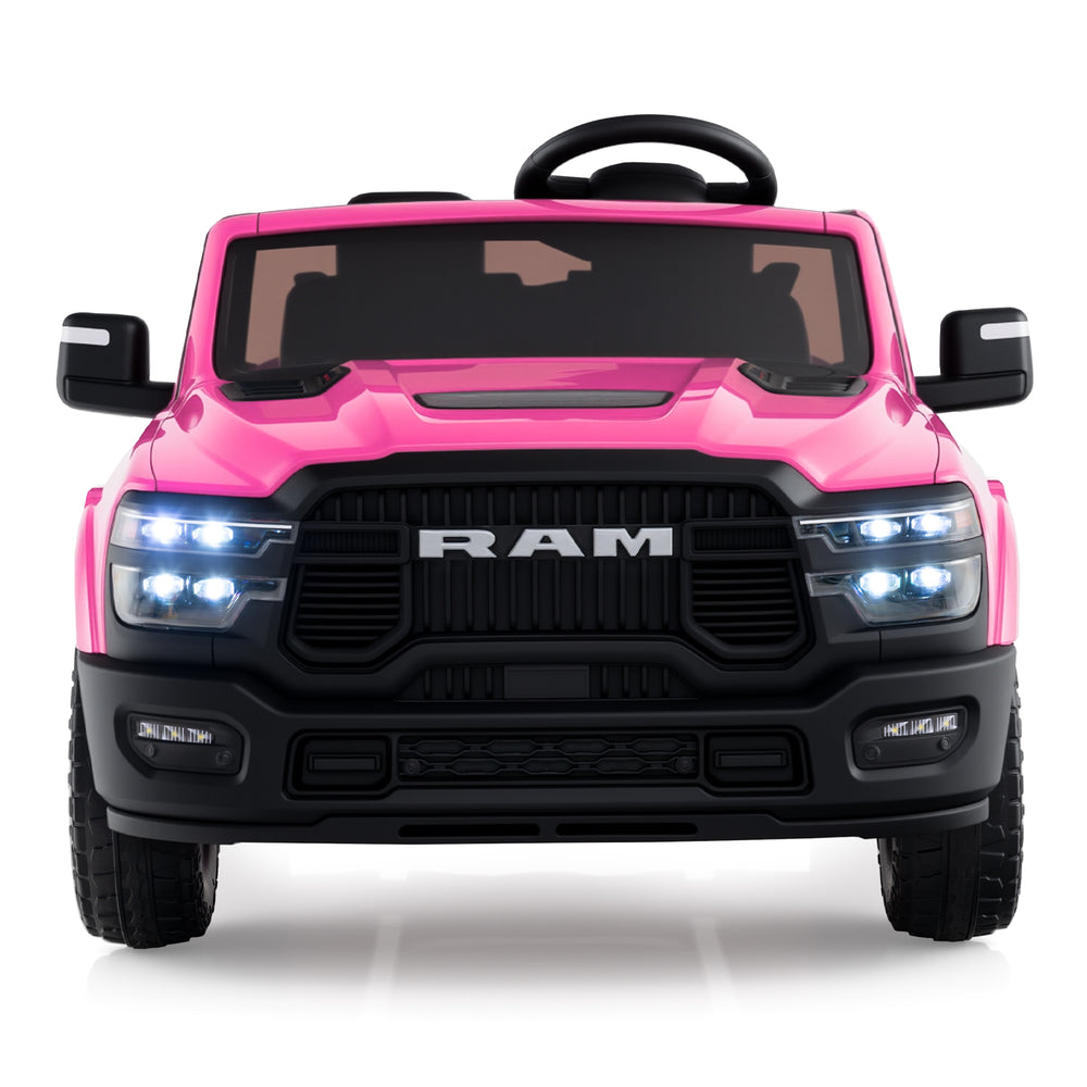 Pink licensed Ram truck ride-on toy for big kids, featuring LED lights, remote control, and spacious 2-seater design.