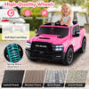 Pink 2-seater licensed Ram truck ride-on toy with remote, LED lights, and spring shock absorbers for kids' fun.