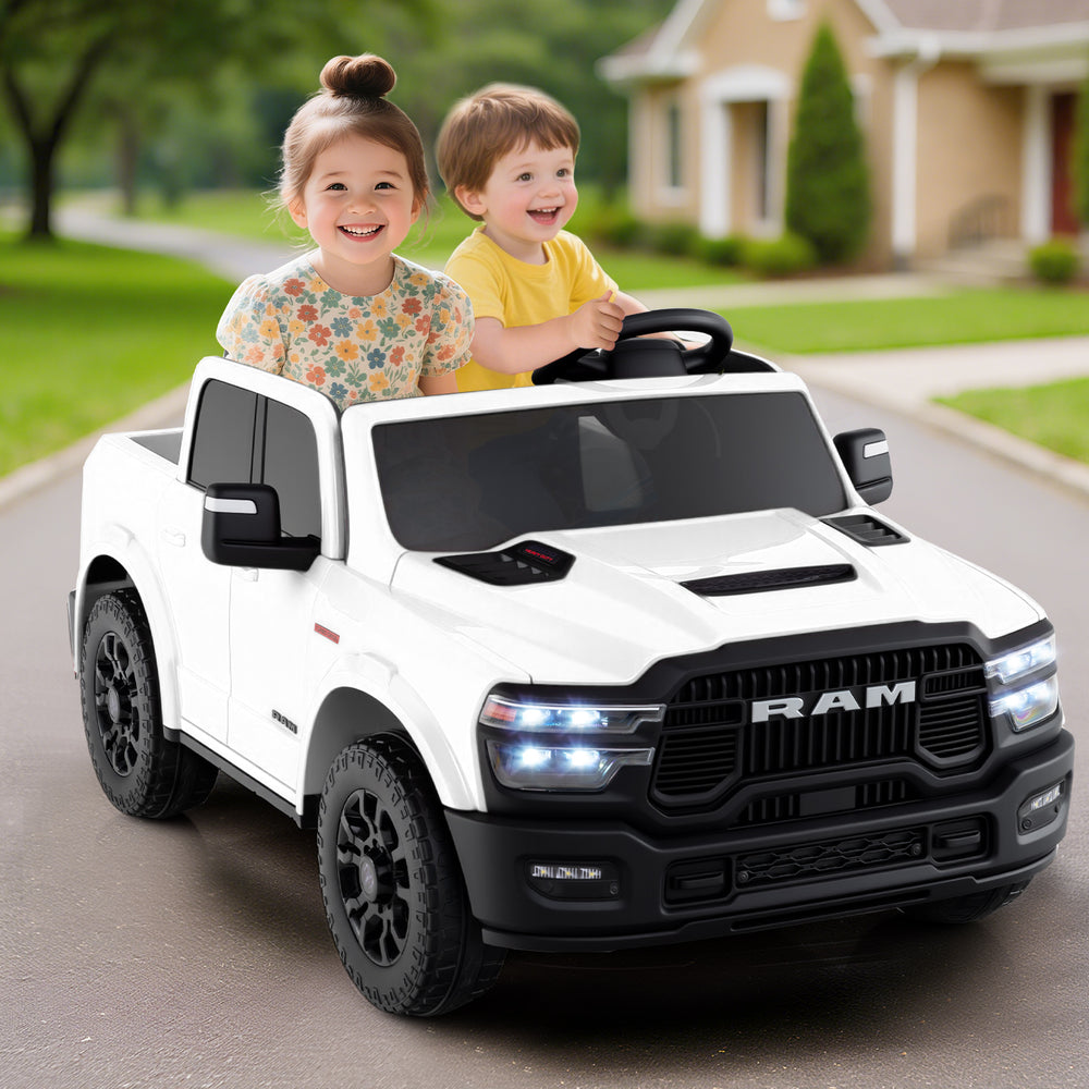 2 Seater 24V Ride on Toy for Big Kids Licensed Ram Truck with Remote and Music-White - Gallery View 1 of 12