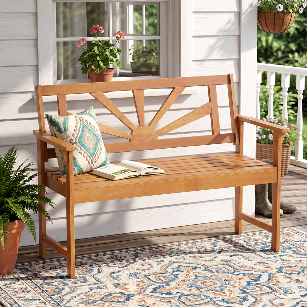 Acacia wood 2-seater loveseat bench with a slatted design, perfect for enhancing comfort on your patio or balcony.
