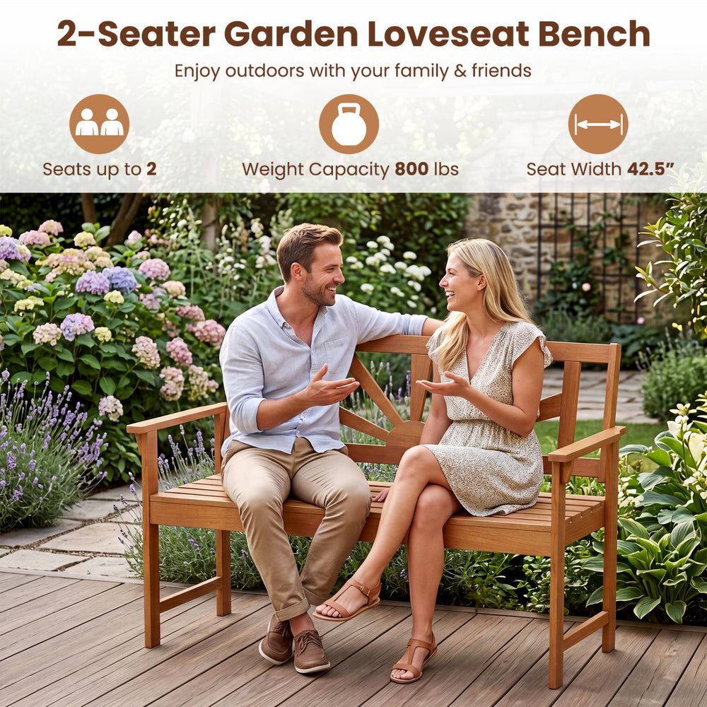 2-seater acacia wood loveseat bench with backrest and armrests, ideal for patio relaxation, supports up to 800 lbs.