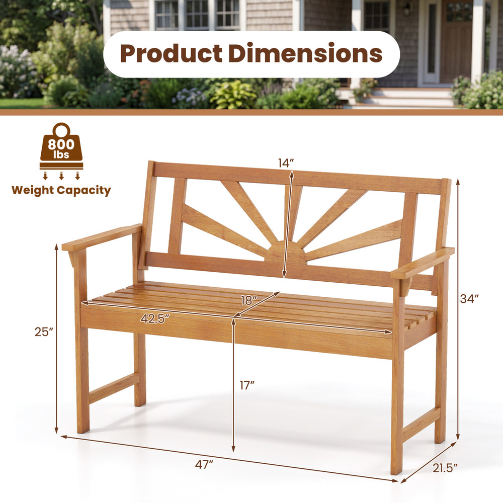 Acacia wood 2-seater loveseat bench with backrest and armrests, 800 lbs capacity, ideal for patio or garden use.
