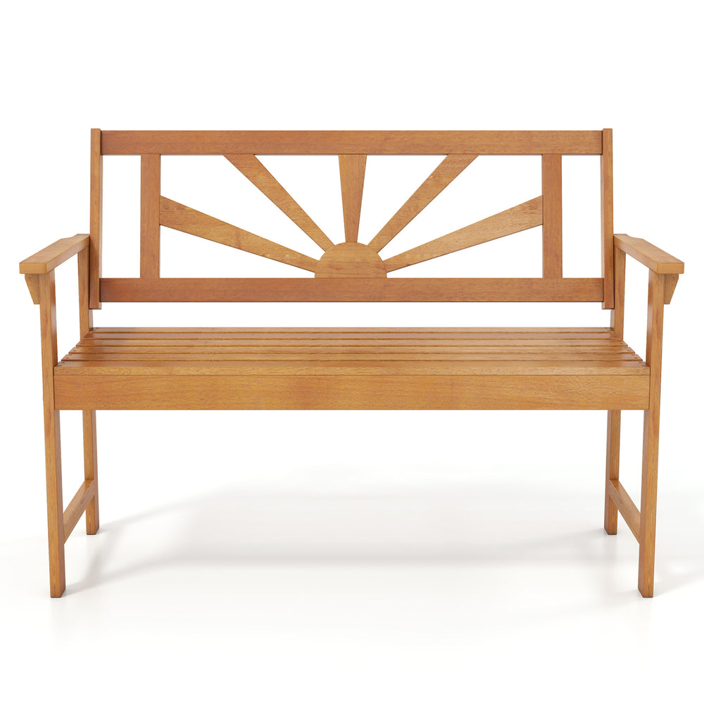 Acacia wood 2-seater loveseat bench with sunshine back pattern, ideal for patio or garden relaxation.