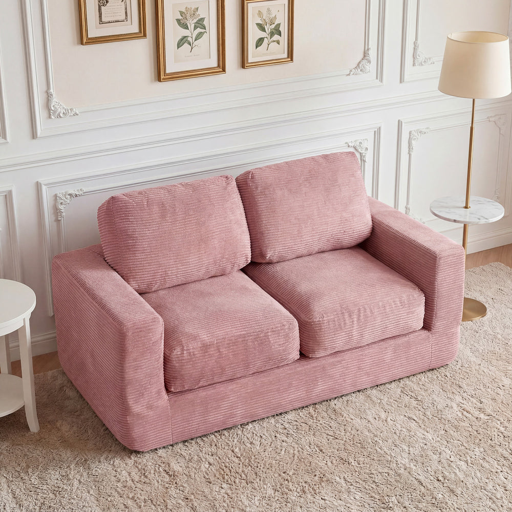 2-Seater Floor Couch Loveseat Foam Sofa with Removable Corduroy Cover-Pink - Gallery View 1 of 10