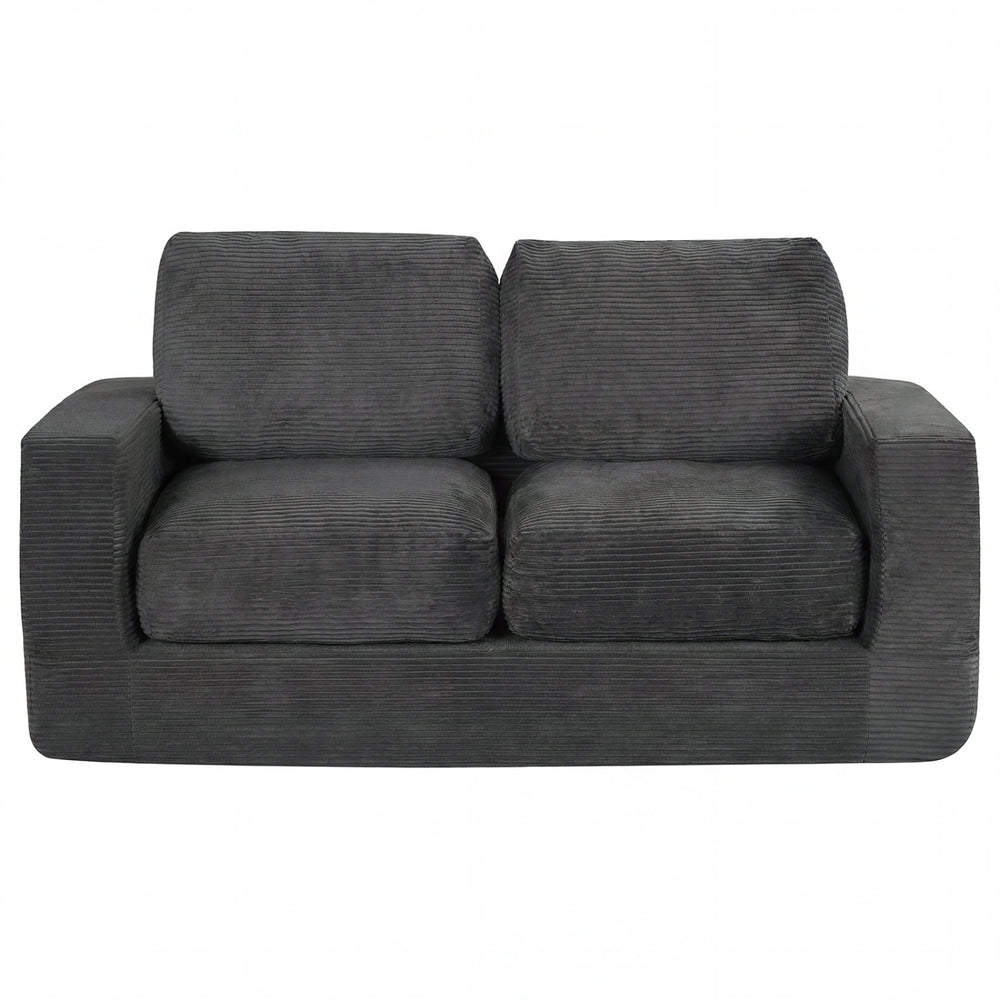 Front view of a black 2-seater floor couch loveseat with removable corduroy cover and supportive foam for comfortable.