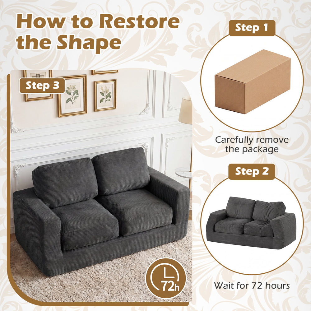 2-seater floor couch loveseat in black with removable corduroy cover, showing restoration steps for shape recovery.