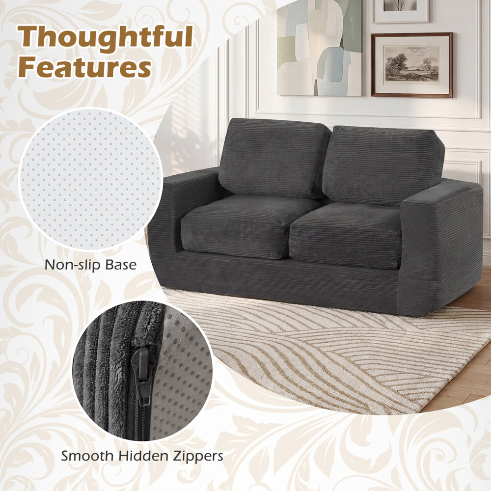 Black 2-seater floor couch loveseat with removable corduroy cover, featuring non-slip base and smooth hidden zippers.