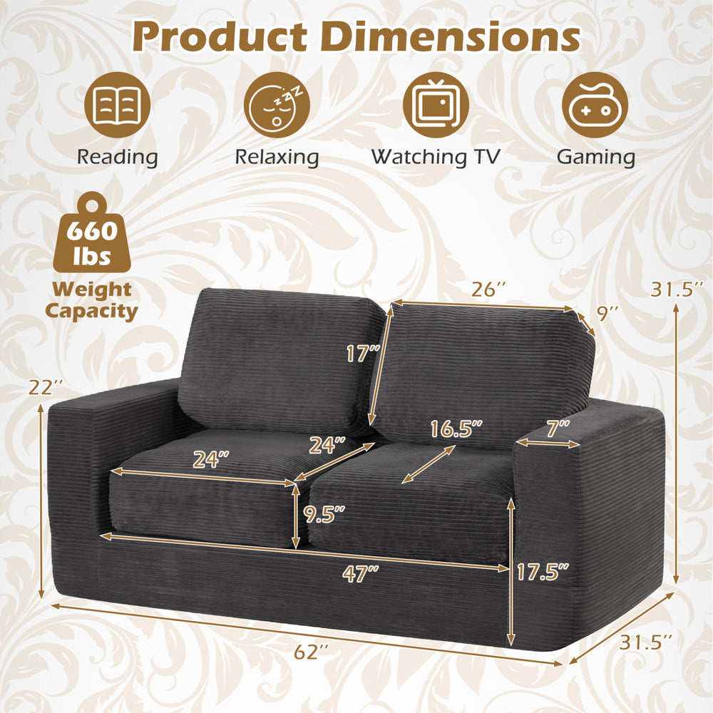 Black 2-seater floor couch loveseat with removable corduroy cover, showcasing dimensions for compact living spaces.