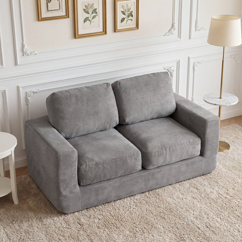 2-Seater Floor Couch Loveseat Foam Sofa with Removable Corduroy Cover-Gray - Gallery View 1 of 10