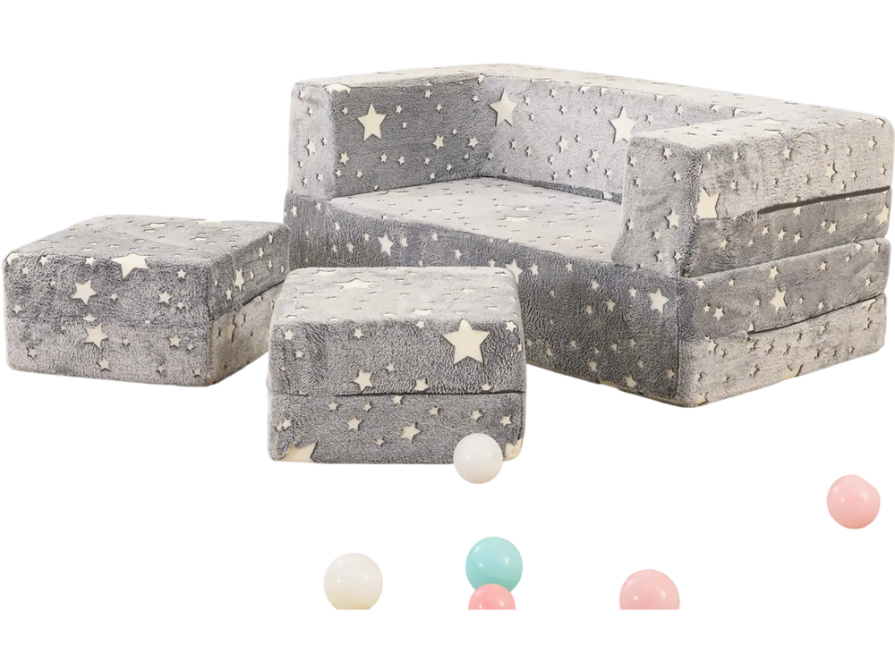 Gray 2-seater kids play couch with removable flannel cover, perfect for imaginative play and cozy lounging.