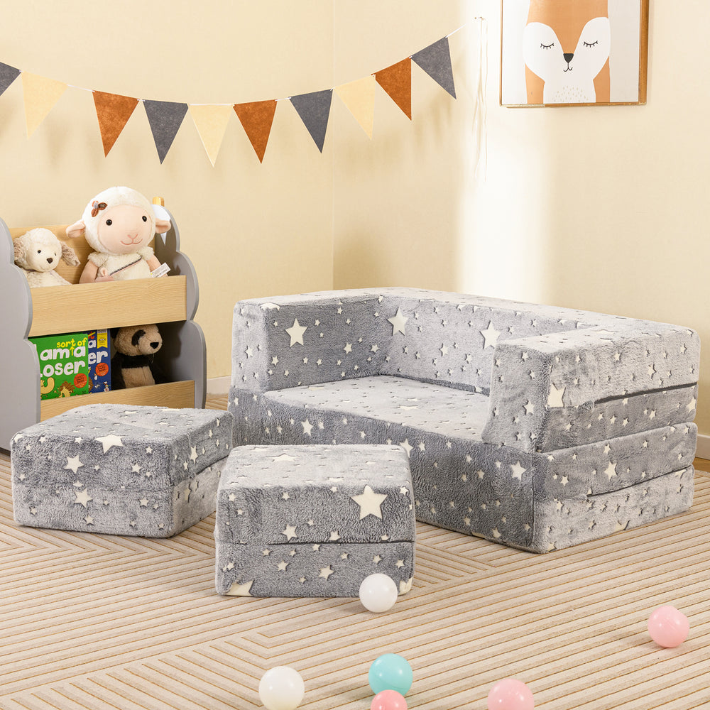 2 Seater Kids Play Couch with Removable and Machine Washable Flannel Cover-Gray - Gallery View 1 of 10