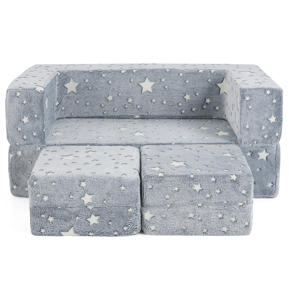 Gray 2-seater kids play couch with removable flannel cover, featuring star patterns, ideal for imaginative play and.