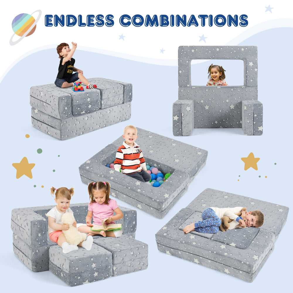 2-seater kids play couch in gray with removable flannel cover, perfect for imaginative play and cozy lounging.