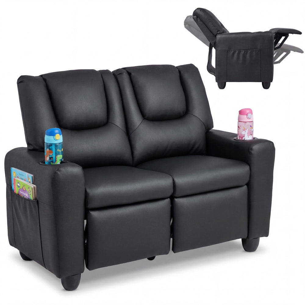 Black 2-seater kids recliner sofa chair with adjustable backrest, cup holders, and side pockets for toys and books.