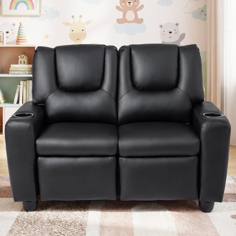 Black 2-seater kids recliner sofa chair with adjustable backrest, cup holders, and spacious seating for toddlers.