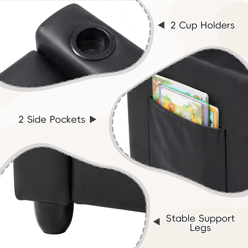Black 2-seater kids recliner with 2 cup holders and side pockets for books, designed for comfortable lounging.